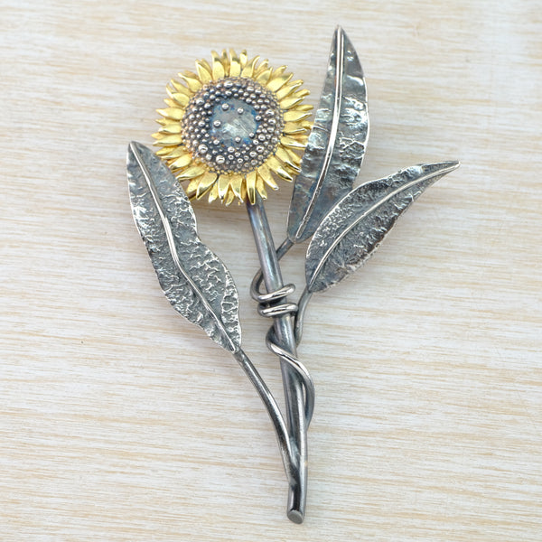 Silver Handmade Large Sunflower Brooch by Sheena McMaster.