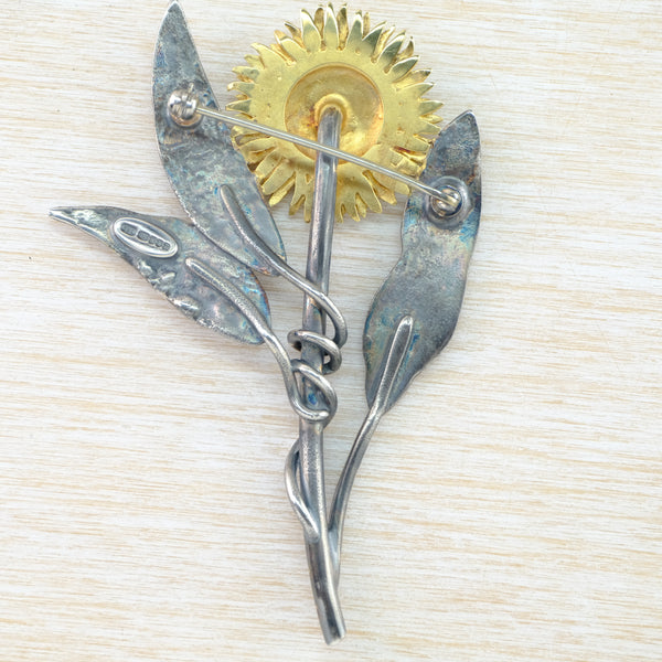 Silver Handmade Large Sunflower Brooch by Sheena McMaster.