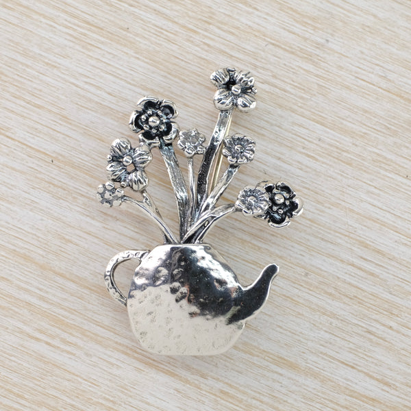 Silver Flowers in Tea Pot Brooch by JB Designs.