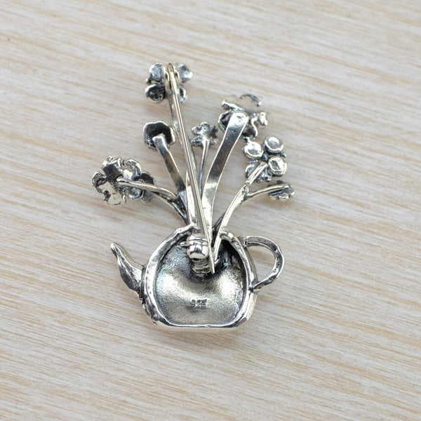 Silver Flowers in Tea Pot Brooch by JB Designs.