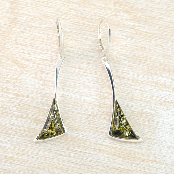 Green Amber and Silver Drop Earrings.