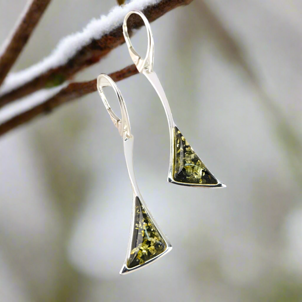 Green Amber and Silver Drop Earrings.