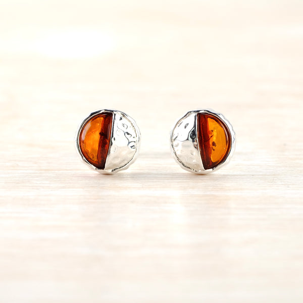Amber and Textured Sterling Silver Stud Earrings.