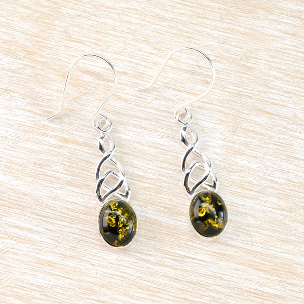 Celtic Style Green Amber and Silver Earrings.