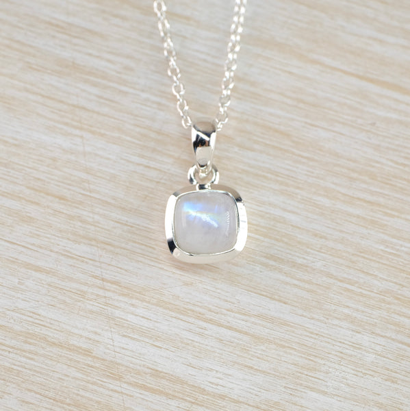 Small Square Silver and Rainbow Moonstone Pendant.