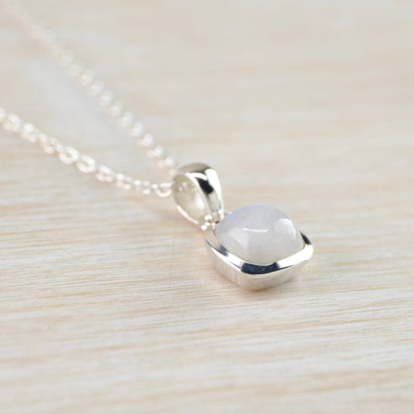 Small Square Silver and Rainbow Moonstone Pendant.