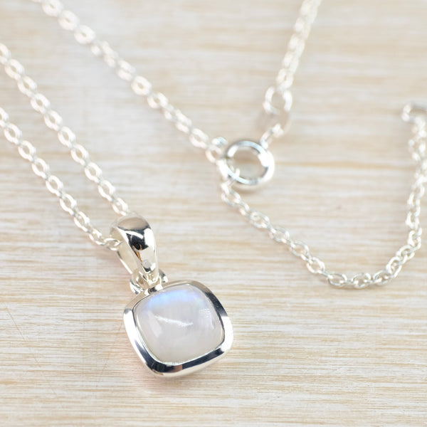 Small Square Silver and Rainbow Moonstone Pendant.