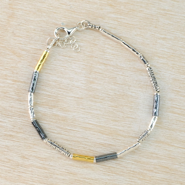 Fine Cylindrical Linked Sterling Silver and Gold Plated  Bracelet by JB Designs.