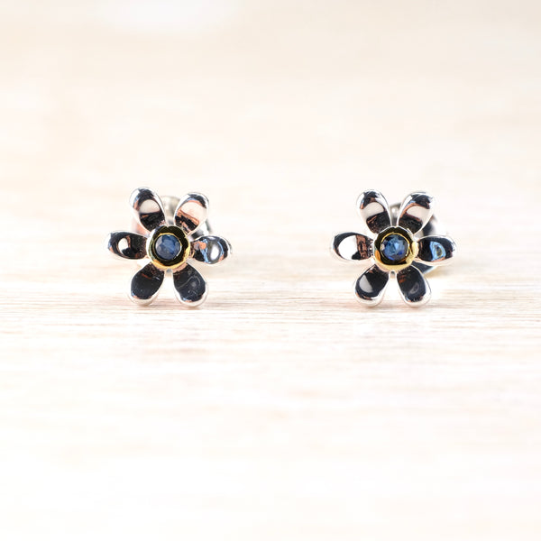 Silver and Gold Plated Sapphire Flower Stud Earrings.