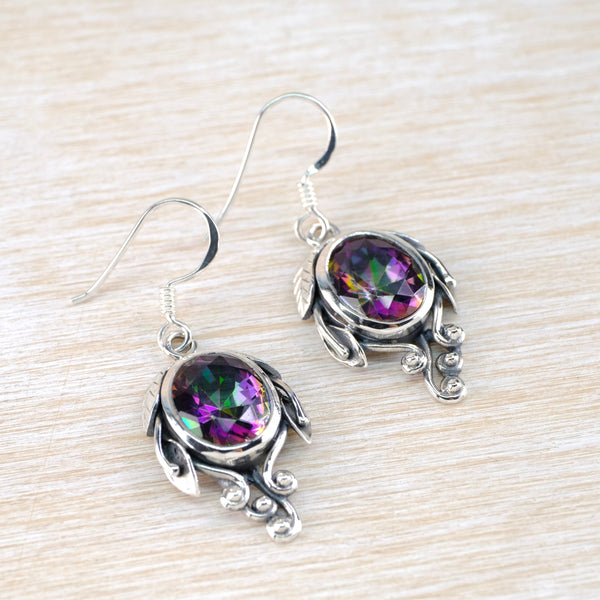 Silver and Faceted Mystic Topaz Art Nouveau Style Drop Earrings.