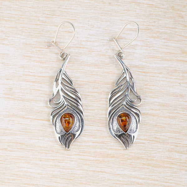Amber and Silver Peacock Feather Drop Earrings.