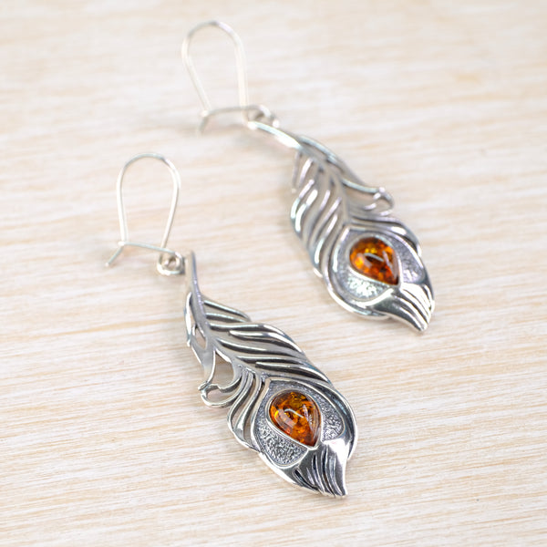 Amber and Silver Peacock Feather Drop Earrings.