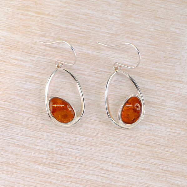 Amber and Sterling Silver Open Oval Earrings.