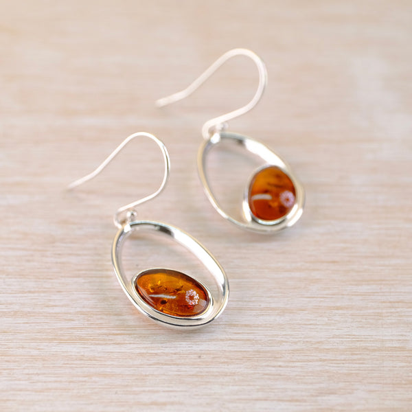 Amber and Sterling Silver Open Oval Earrings.