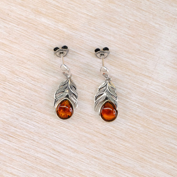 Amber and Sterling Silver Feather Drop Earrings.