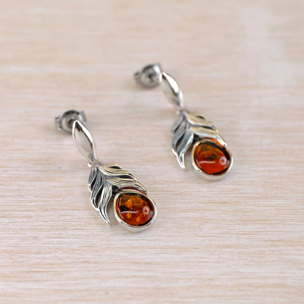 Amber and Sterling Silver Feather Drop Earrings.