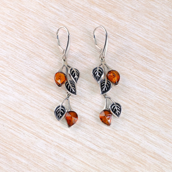Amber and Silver Leaf Design Earrings.