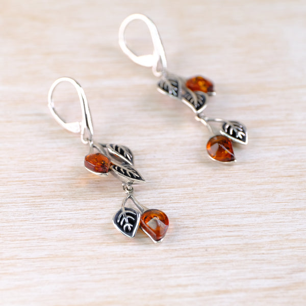 Amber and Silver Leaf Design Earrings.