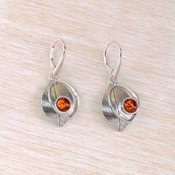 Silver and Amber Earrings With  Layered Leaf Design.