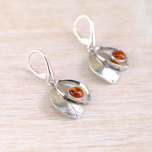 Silver and Amber Earrings With  Layered Leaf Design.