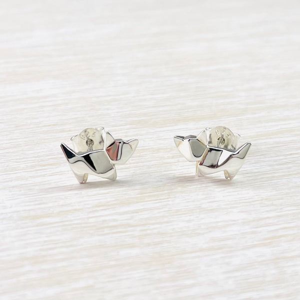 Silver Origami Cat Stud Earrings