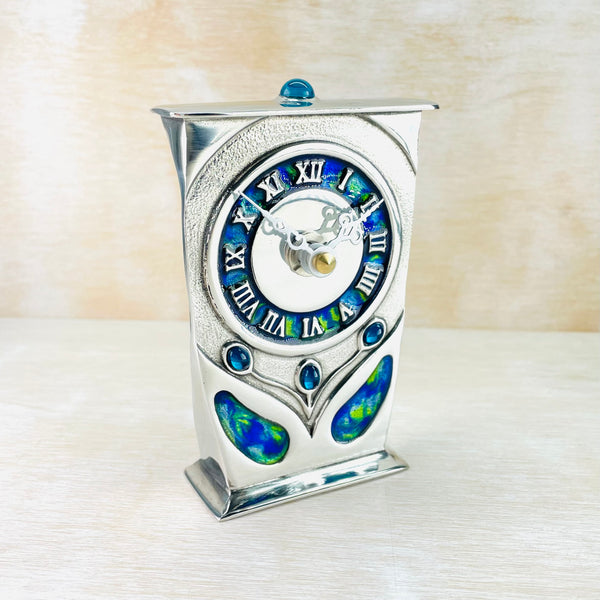 Pewter and Enamel Mantel clock, Archibald Knox Style Design.