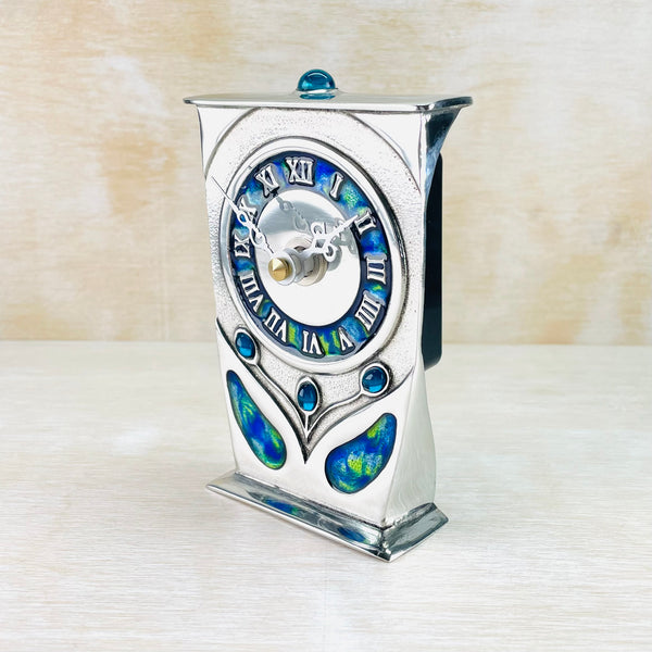 Pewter and Enamel Mantel clock, Archibald Knox Style Design.