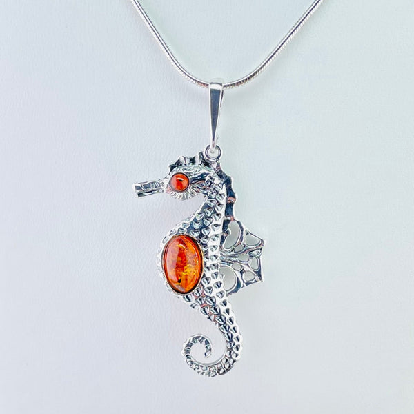 Amber and Silver Seahorse Pendant.