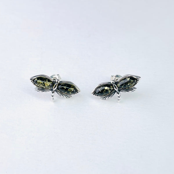 Green Amber and Silver Dragonfly Stud Earrings.