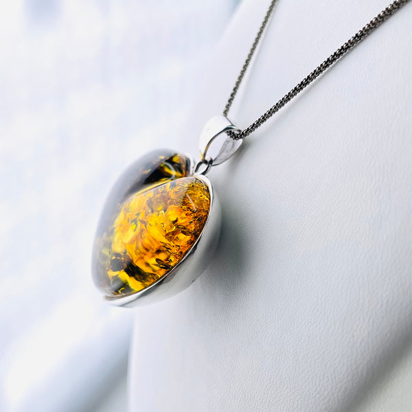 Large Amber and Silver Heart Pendant.