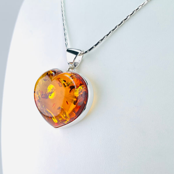 Larger Amber and Silver Heart Pendant.