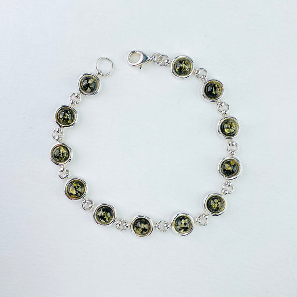 Classic Silver and Round Green Amber Bracelet.