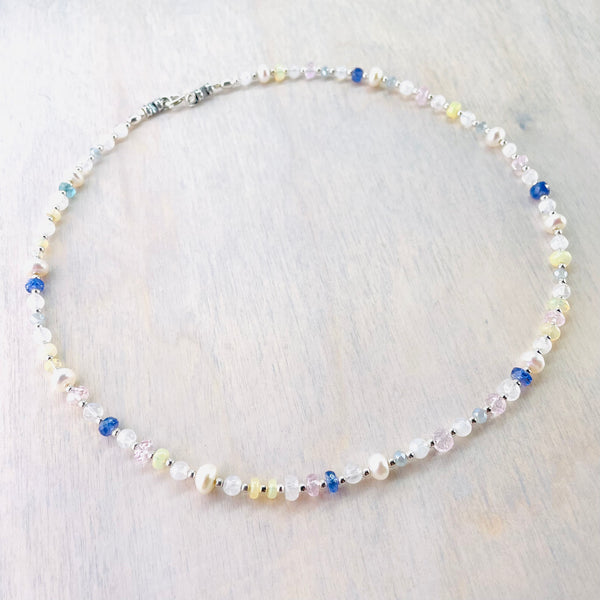 Opal, Rainbow Moonstone, Tourmaline, Pearl and Tanzanite Bead Necklace by Emily Merrix.