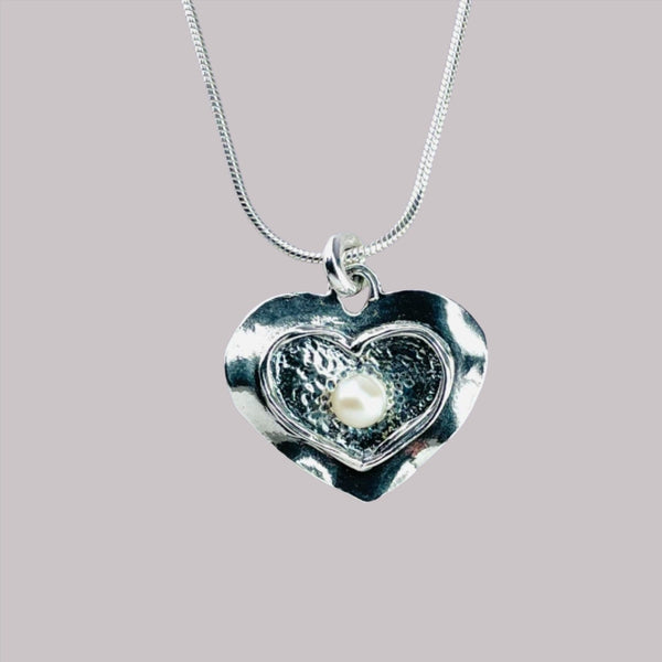 Textured Sterling Silver and Pearl Heart Pendant.