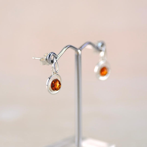 Amber and Sterling Silver Round Drop Earrings.