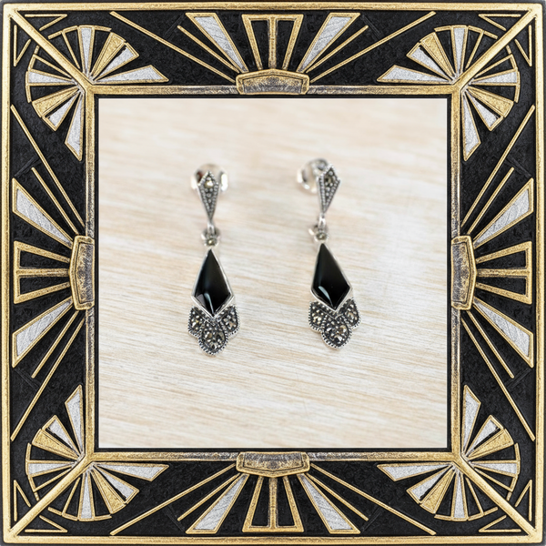 Art Deco Style Silver Earrings with Marcasite and Black Onyx.