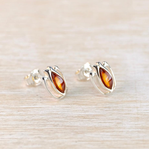 Amber and Sterling Silver Lotus Flower Stud Earrings.