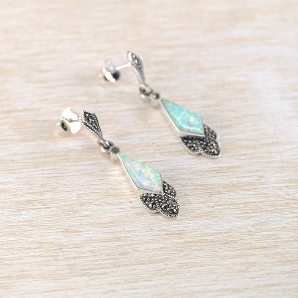 Opal, Marcasite and Silver Earrings in the Art Deco Style.