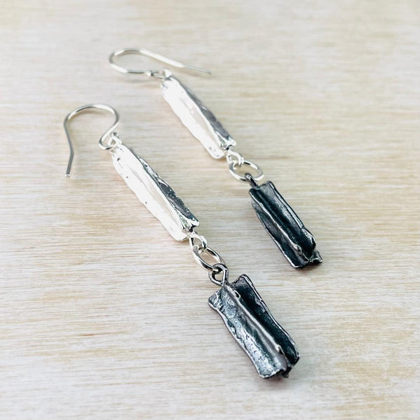 Two Tone Textured Silver Long Drop Earrings by JB Designs.