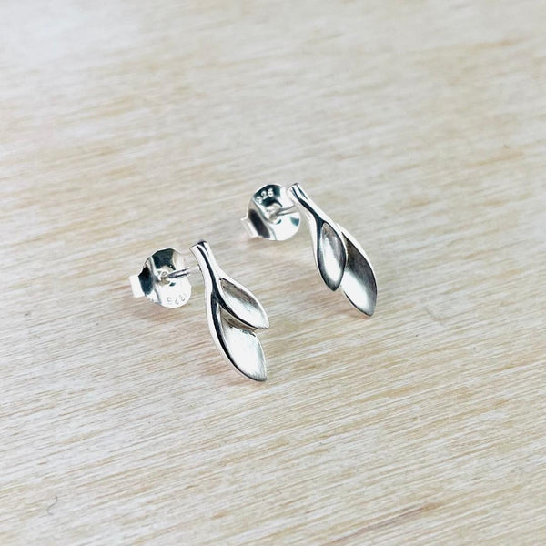 Leaf Design Satin and Polished Silver Stud Earrings by JB Designs.