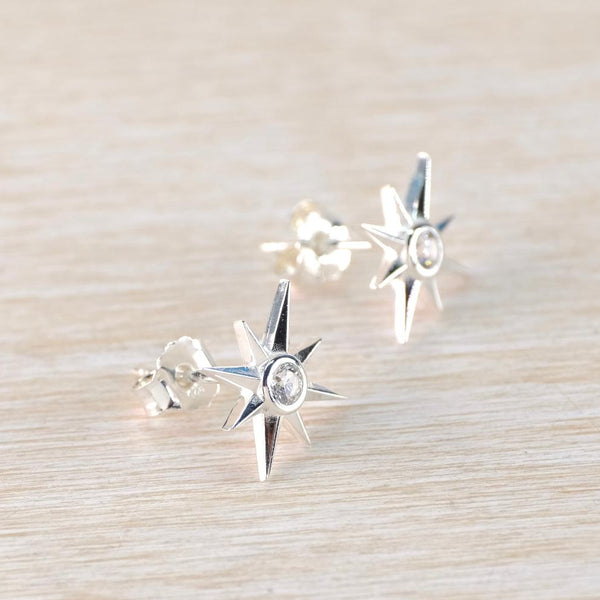 Silver Star Stud Earrings with Cz by JB Designs.