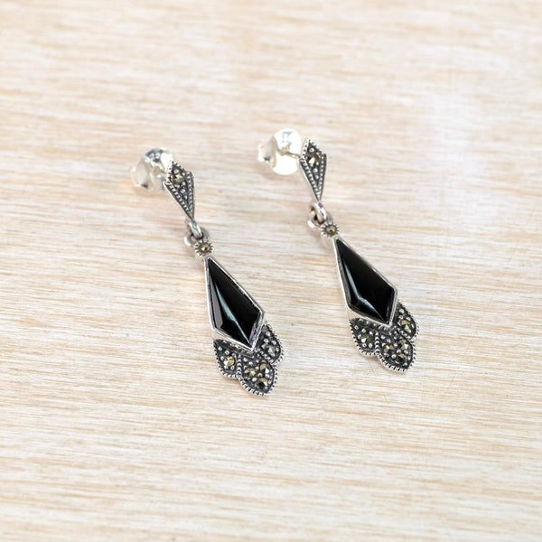Art Deco Style Silver Earrings with Marcasite and Black Onyx.