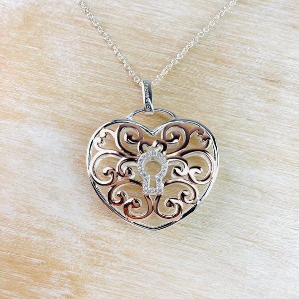 Large Sterling Silver, Rose Gold Plated and Cz Heart Pendant by 'Unique and Co'