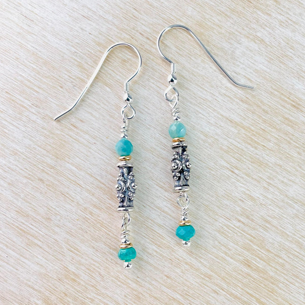 Turquoise, Amazonite and Silver Beaded Earrings by Emily Merrix. Turquoise, Amazonite and Silver Beaded Earrings by Emily Merrix.
