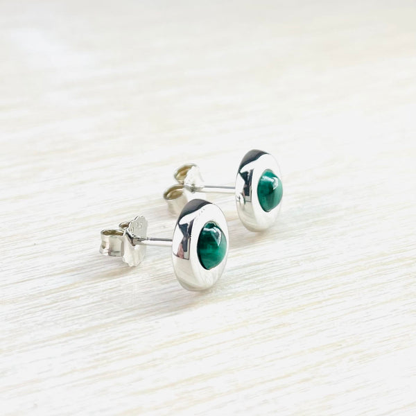 Round Sterling Silver and Malachite Stud Earrings by 'Unique and Co'
