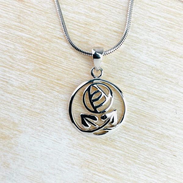 Sterling Silver 'Mackintosh Rose and Leaves' Pendant. Sterling Silver 'Mackintosh Rose and Leaves' Pendant.