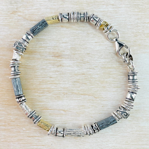 Gents Textured Sterling Silver and Gold Plated Beaded Bracelet.