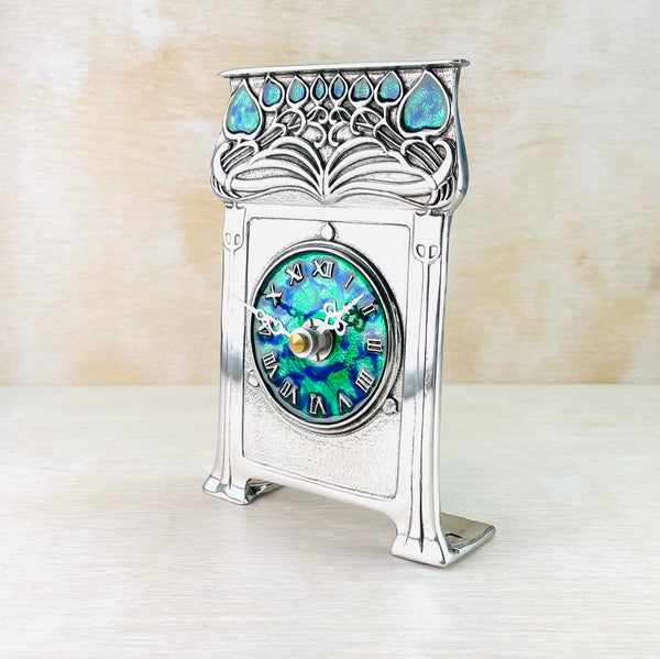 Pewter and Enamel Mantel Clock in the Style of Archibald Knox.