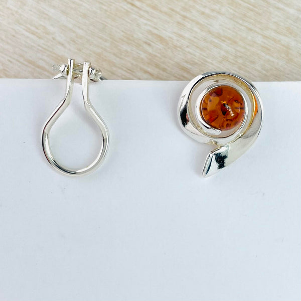 Modern Sterling Silver and Amber Clip On Earrings.