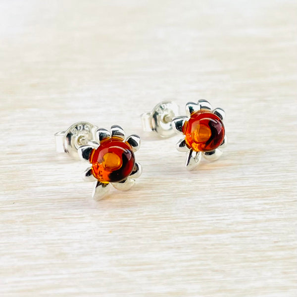 Small Baltic Amber and Silver Flower Stud Earrings.